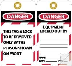 NMC - 4" High x 7-3/8" Long, DANGER - THIS TAG & LOCK TO BE REMOVED ONLY BY THE PERSON SHOWN ON FRONT, English Safety & Facility Lockout Tag - Tag Header: Danger, 2 Sides, Black, Red & White Self-Laminated Vinyl - USA Tool & Supply