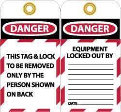 NMC - 3" High x 6" Long, DANGER - THIS TAG & LOCK TO BE REMOVED ONLY BY THE PERSON SHOWN ON BACK, English Safety & Facility Lockout Tag - Tag Header: Danger, 2 Sides, Black, Red & White Unrippable Vinyl - USA Tool & Supply