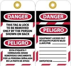 NMC - 3" High x 6" Long, DANGER - THIS TAG & LOCK TO BE REMOVED ONLY BY THE PERSON SHOWN ON BACK, Safety & Facility Lockout Tag - Tag Header: Danger, 2 Sides, Black, Red & White Unrippable Vinyl - USA Tool & Supply