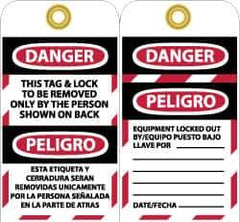 NMC - 3" High x 6" Long, DANGER - THIS TAG & LOCK TO BE REMOVED ONLY BY THE PERSON SHOWN ON BACK, English & Spanish Safety & Facility Lockout Tag - Tag Header: Danger, 2 Sides, Black, Red & White Unrippable Vinyl - USA Tool & Supply