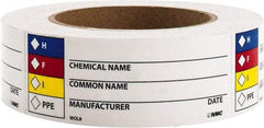 NMC - Hazardous Materials Label - Legend: H - F - I - PPE - Chemical Name ___ Common Name ___ Manufacturer ___ Date ___, English, Black, Blue, Red, Yellow & White, 4" Long x 1-1/2" High, Sign Muscle Finish - USA Tool & Supply