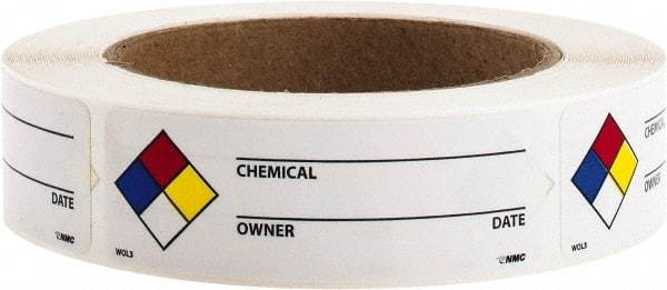 NMC - Hazardous Materials Label - Legend: Chemical ___ - Owner ___ - Date ___, English, Black, Blue, Red, Yellow & White, 3" Long x 1" High, Sign Muscle Finish - USA Tool & Supply