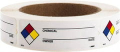 NMC - Hazardous Materials Label - Legend: Chemical ___ - Owner ___ - Date ___, English, Black, Blue, Red, Yellow & White, 3" Long x 1" High, Sign Muscle Finish - USA Tool & Supply