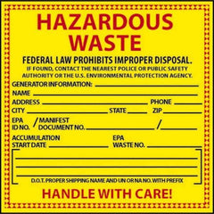 NMC - "Hazardous Waste - Federal Law Prohibits Improper Disposal", 6" Long x 6" Wide, Pressure-Sensitive Vinyl Safety Sign - Square, 0.004" Thick, Use for Hazardous Materials - USA Tool & Supply