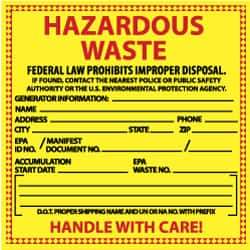 NMC - Hazardous Materials Label - Legend: Hazardous Waste - Federal Law Prohibits Improper Disposal, English, Red & Black & Yellow, 6" Long x 6" High, Sign Muscle Finish - USA Tool & Supply
