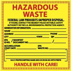 NMC - Hazardous Materials Label - Legend: Hazardous Waste - Federal Law Prohibits Improper Disposal, English, Red & Black & Yellow, 6" Long x 6" High, Sign Muscle Finish - USA Tool & Supply