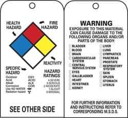 NMC - 3" High x 6" Long, HEALTH HAZARD - FIRE HAZARD - SPECIFIC HAZARD - INSTABILITY - HAZARD RATINGS, English Safety & Facility Accident Prevention Tag - Tag Header: Warning, 2 Sides, Black & White Unrippable Vinyl - USA Tool & Supply