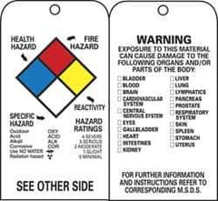 NMC - 3" High x 6" Long, HEALTH HAZARD - FIRE HAZARD - SPECIFIC HAZARD - INSTABILITY - HAZARD RATINGS, English Safety & Facility Accident Prevention Tag - Tag Header: Warning, 2 Sides, Black & White Unrippable Vinyl - USA Tool & Supply