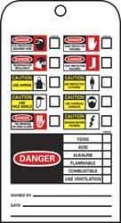 NMC - 3" High x 6" Long, DANGER - TOXIC ACID ALKALINE FLAMMABLE COMBUSTIBLE USE VENTILATION, English Safety & Facility Accident Prevention Tag - Tag Header: Danger, 2 Sides, Black, Red & White Unrippable Vinyl - USA Tool & Supply
