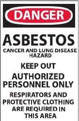 NMC - "Danger - Asbestos Cancer and Lung Disease Hazard - Keep Out - Authorized Personnel Only Respirators and Protective...", 17" Long x 11" Wide, Paper Safety Sign - Rectangle, Use for Hazardous Materials - USA Tool & Supply