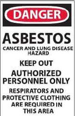 NMC - "Danger - Asbestos Cancer and Lung Disease Hazard - Keep Out - Authorized Personnel Only Respirators and Protective...", 17" Long x 11" Wide, Paper Safety Sign - Rectangle, Use for Hazardous Materials - USA Tool & Supply