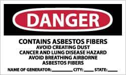 NMC - "Danger - Contains Asbestos Fibers - Avoid Creating Dust - Cancer and Lung Disease Hazard - Avoid Breathing Airborne...", 3" Long x 5" Wide, Pressure-Sensitive Vinyl Safety Sign - Rectangle, 0.004" Thick, Use for Hazardous Materials - USA Tool & Supply