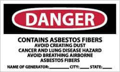 NMC - "Danger - Contains Asbestos Fibers - Avoid Creating Dust - Cancer and Lung Disease Hazard - Avoid Breathing Airborne...", 3" Long x 5" Wide, Pressure-Sensitive Vinyl Safety Sign - Rectangle, 0.004" Thick, Use for Hazardous Materials - USA Tool & Supply