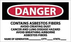 NMC - "Danger - Contains Asbestos Fibers - Avoid Creating Dust - Cancer and Lung Disease Hazard - Avoid Breathing Airborne...", 3" Long x 5" Wide, Paper Safety Sign - Rectangle, Use for Hazardous Materials - USA Tool & Supply