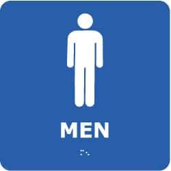 NMC - Men, 8" Wide x 8" High, Plastic Sign - English, Braille, White on Blue, Wall Mount - USA Tool & Supply