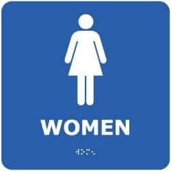 NMC - Women, 8" Wide x 8" High, Plastic Sign - English, Braille, White on Blue, Wall Mount - USA Tool & Supply