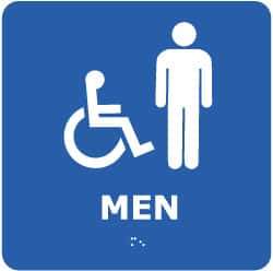 NMC - Men, 8" Wide x 8" High, Plastic Sign - English, Braille, White on Blue, Wall Mount - USA Tool & Supply