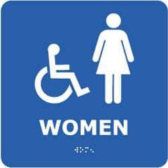 NMC - Women, 8" Wide x 8" High, Plastic Sign - English, Braille, White on Blue, Wall Mount - USA Tool & Supply