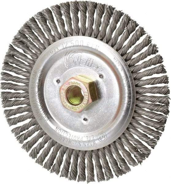 Weiler - 6" OD, 5/8" Arbor Hole, Stringer Bead Steel Wheel Brush - 1/2" Face Width, 1-1/4" Trim Length, 0.023" Filament Diam, 12,500 RPM - USA Tool & Supply