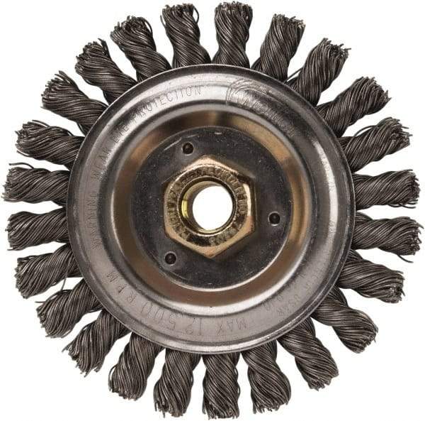 Weiler - 5" OD, 5/8" Arbor Hole, Stringer Bead Steel Wheel Brush - 1/2" Face Width, 7/8" Trim Length, 0.023" Filament Diam, 12,500 RPM - USA Tool & Supply