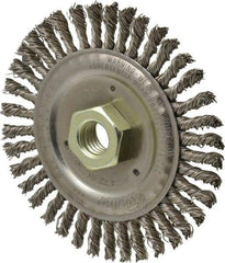Weiler - 4-1/2" OD, 5/8" Arbor Hole, Knotted Stainless Steel Wheel Brush - 3/16" Face Width, 7/8" Trim Length, 0.02" Filament Diam, 12,500 RPM - USA Tool & Supply