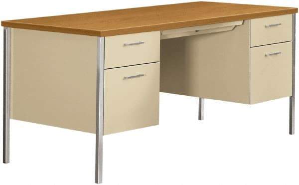 Hon - Woodgrain Laminate/Metal Double Pedestal Desk with Center Drawer - 62-3/4, 60" Wide x 30" Deep x 22-1/2, 29" High, Harvest/Putty - USA Tool & Supply