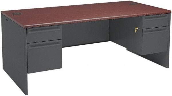 Hon - Steel-Reinforced High-Pressure Laminate/Metal Double Pedestal Desk - 72" Wide x 36" Deep x 29" High, Mahogany/Charcoal - USA Tool & Supply