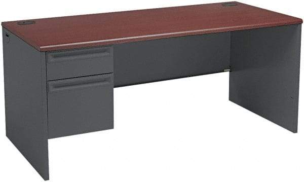 Hon - Steel-Reinforced High-Pressure Laminate/Metal Left Pedestal Desk - 66" Wide x 30" Deep x 29" High, Mahogany/Charcoal - USA Tool & Supply