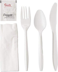 GEN - Wrapped Cutlery Kit, 6-1/4", Fork, Knife, Spoon, Napkin, Salt, Pepper - White - USA Tool & Supply