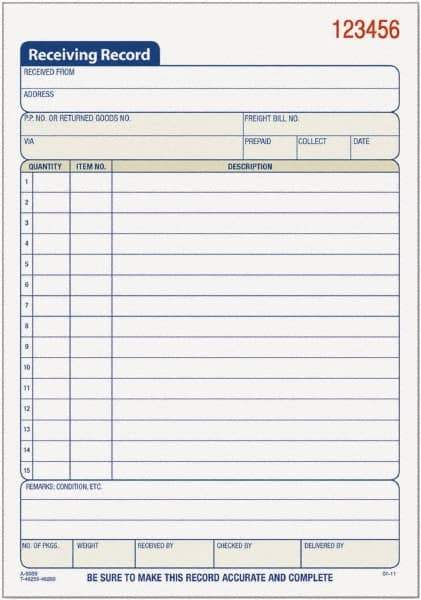 TOPS - 50 Sheet, 5-1/2 x 7-7/8", Receiving Record Book - White - USA Tool & Supply