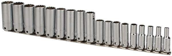 Proto - 18 Piece 3/8" Drive Tethered Deep Socket Set - 12 Points, 6 to 23mm, Metric Measurement Standard - USA Tool & Supply