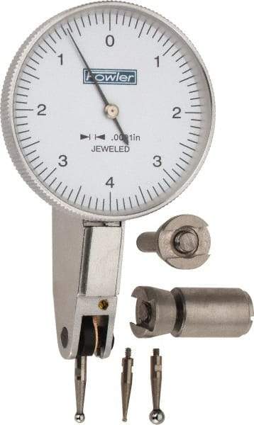 Fowler - 0.008 Inch Range, 0.0001 Inch Dial Graduation, Horizontal Dial Test Indicator - 1-1/2 Inch White Dial, 0-4-0 Dial Reading - USA Tool & Supply