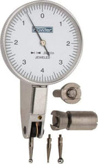 Fowler - 0.008 Inch Range, 0.0001 Inch Dial Graduation, Horizontal Dial Test Indicator - 1-1/2 Inch White Dial, 0-4-0 Dial Reading - USA Tool & Supply