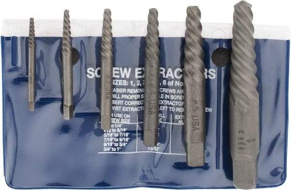 Cleveland - 6 Piece Spiral Flute Screw Extractor Set - Screw Range 3/16 to 1" - USA Tool & Supply