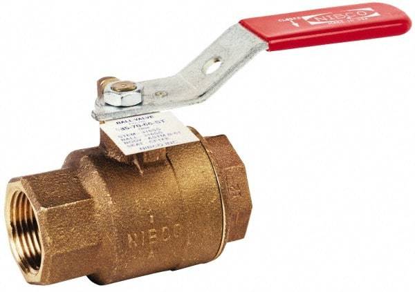 NIBCO - 1-1/4" Pipe, Full Port, Bronze Standard Ball Valve - 2 Piece, Inline - One Way Flow, FNPT x FNPT Ends, Locking Lever Handle, 600 WOG, 150 WSP - USA Tool & Supply
