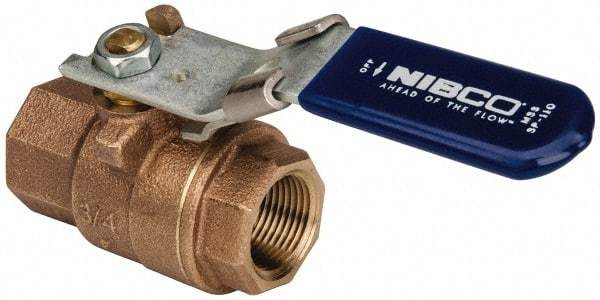 NIBCO - 3/4" Pipe, Full Port, Bronze Standard Ball Valve - 2 Piece, Inline - One Way Flow, FNPT x FNPT Ends, Locking Lever Handle, 600 WOG, 150 WSP - USA Tool & Supply