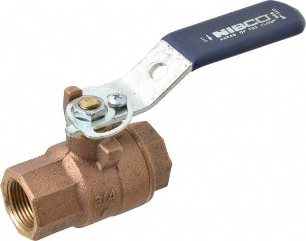 NIBCO - 3/4" Pipe, Full Port, Bronze Standard Ball Valve - 2 Piece, Inline - One Way Flow, FNPT x FNPT Ends, Lever with Memory Stop Handle, 600 WOG, 150 WSP - USA Tool & Supply
