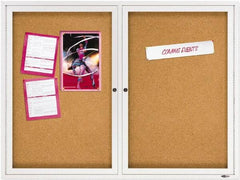 Quartet - 48" Wide x 36" High Enclosed Cork Bulletin Board - Natural Cork over Fiberboard, Aluminum Frame - USA Tool & Supply