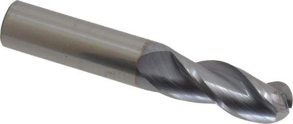 Accupro - 1/2" Diam, 1-1/4" LOC, 3 Flute Solid Carbide Ball End Mill - TiCN Finish, Single End, 3" OAL, 1/2" Shank Diam, Spiral Flute - USA Tool & Supply