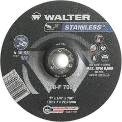 WALTER Surface Technologies - 30 Grit, 7" Wheel Diam, 1/4" Wheel Thickness, 7/8" Arbor Hole, Type 27 Depressed Center Wheel - Aluminum Oxide, Resinoid Bond, 8,600 Max RPM - USA Tool & Supply