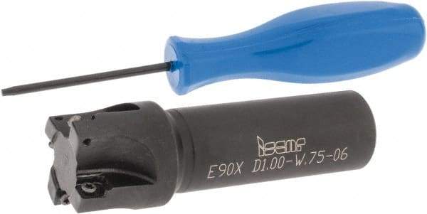 Iscar - 1" Cut Diam, 0.22" Max Depth of Cut, 3/4" Shank Diam, 3" OAL, Indexable Square Shoulder End Mill - Weldon Shank, 90° Lead Angle, Series Heliquad - USA Tool & Supply
