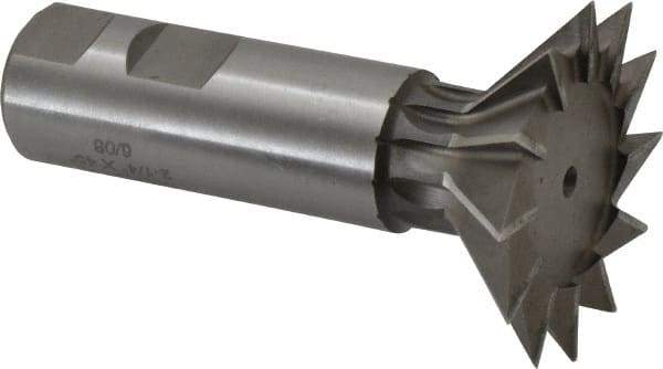 Made in USA - 2-1/4" Diam x 11/16" Width of Cut, 45° Included Angle, Cobalt Dovetail Cutter - 1" Shank Diam, 3-1/16" Shank Length, 3-3/4" Overall Length, Weldon Flat, Uncoated - USA Tool & Supply