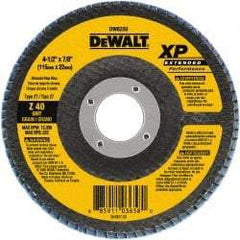 DeWALT - 40 Grit, 4-1/2" Disc Diam, 7/8" Center Hole, Type 27 Zirconia Alumina Flap Disc - 13,300 Max RPM, Cloth Backing, Arbor Attaching System, Coated - USA Tool & Supply