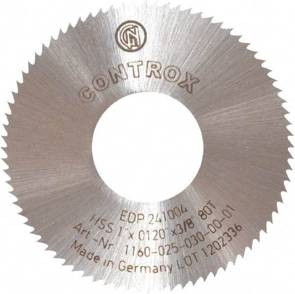 Controx - 1" Diam x 0.012" Blade Thickness x 3/8" Arbor Hole Diam, 80 Tooth Slitting and Slotting Saw - Arbor Connection, Right Hand, Uncoated, High Speed Steel, Concave Ground - USA Tool & Supply