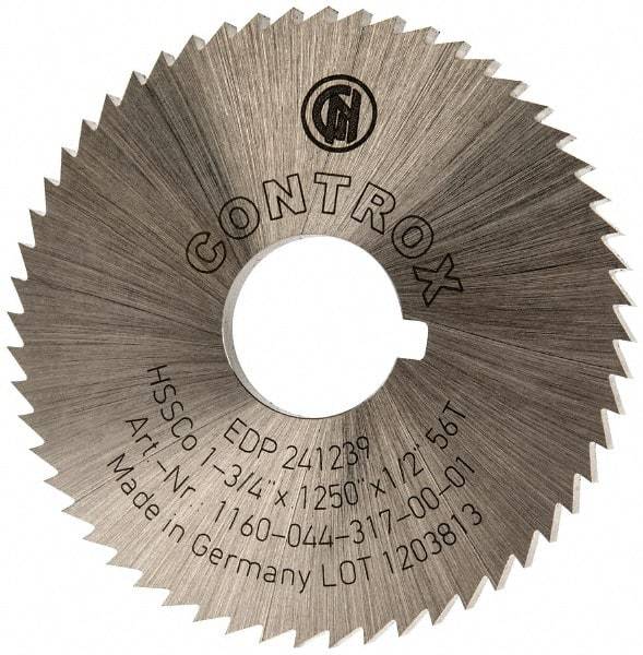 Controx - 1-3/4" Diam x 1/8" Blade Thickness x 1/2" Arbor Hole Diam, 56 Tooth Slitting and Slotting Saw - Arbor Connection, Right Hand, Uncoated, Cobalt, Concave Ground, Contains Keyway - USA Tool & Supply