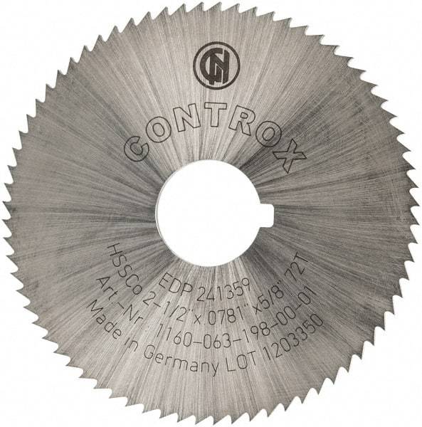 Controx - 2-1/2" Diam x 0.0781" Blade Thickness x 5/8" Arbor Hole Diam, 72 Tooth Slitting and Slotting Saw - Arbor Connection, Right Hand, Uncoated, Cobalt, Concave Ground, Contains Keyway - USA Tool & Supply