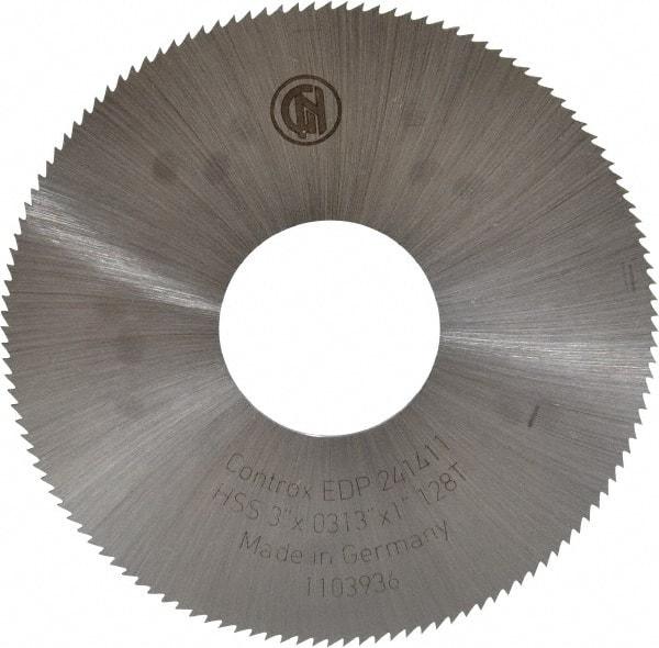 Controx - 3" Diam x 0.0313" Blade Thickness x 1" Arbor Hole Diam, 128 Tooth Slitting & Slotting Saw - Arbor Connection, Right Hand, Uncoated, M2 High Speed Steel, Concave Ground - USA Tool & Supply