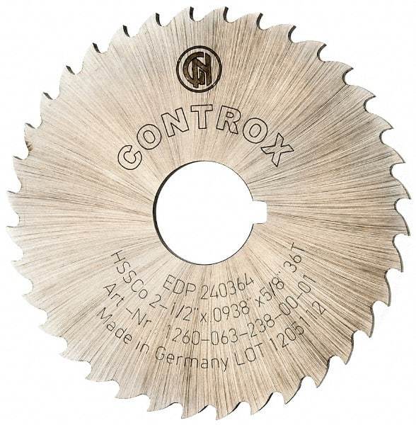 Controx - 2-1/2" Diam x 0.0938" Blade Thickness x 5/8" Arbor Hole Diam, 36 Tooth Slitting and Slotting Saw - Arbor Connection, Right Hand, Uncoated, Cobalt, 15° Rake, Concave Ground, Contains Keyway - USA Tool & Supply