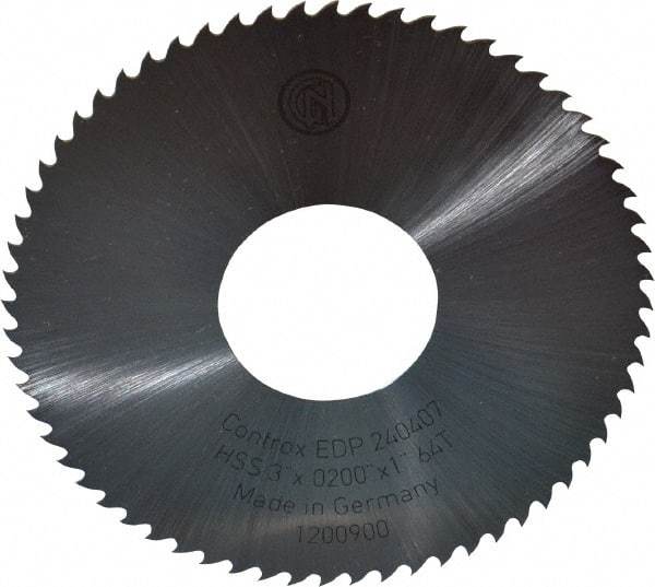 Controx - 3" Diam x 0.02" Blade Thickness x 1" Arbor Hole Diam, 64 Tooth Slitting and Slotting Saw - Arbor Connection, Right Hand, Uncoated, High Speed Steel, 15° Rake, Concave Ground - USA Tool & Supply