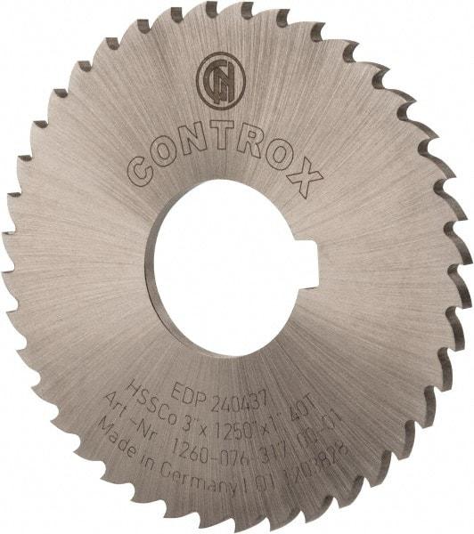 Controx - 3" Diam x 1/8" Blade Thickness x 1" Arbor Hole Diam, 40 Tooth Slitting and Slotting Saw - Arbor Connection, Right Hand, Uncoated, Cobalt, 15° Rake, Concave Ground, Contains Keyway - USA Tool & Supply